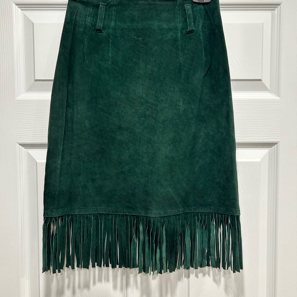 Forest Green Suede Fringe A-Line Skirt